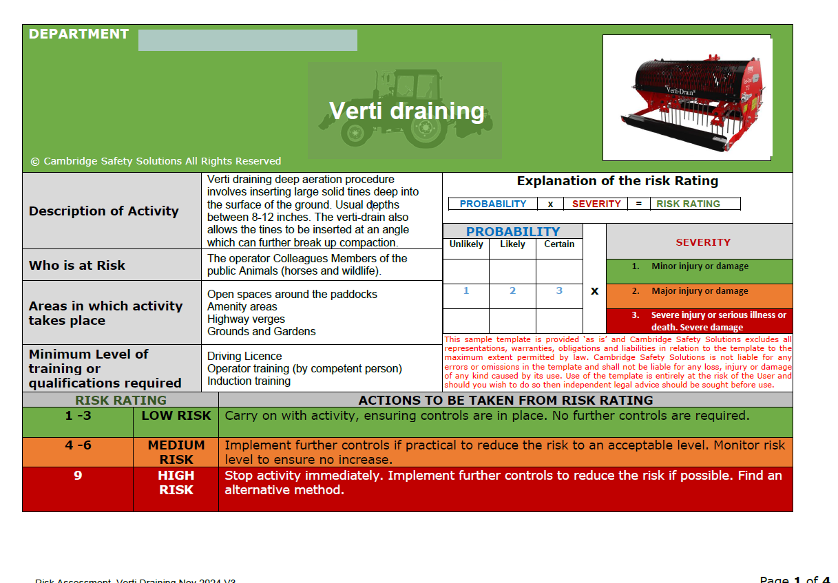 Tractor mounted Verti Draining Risk Assessment