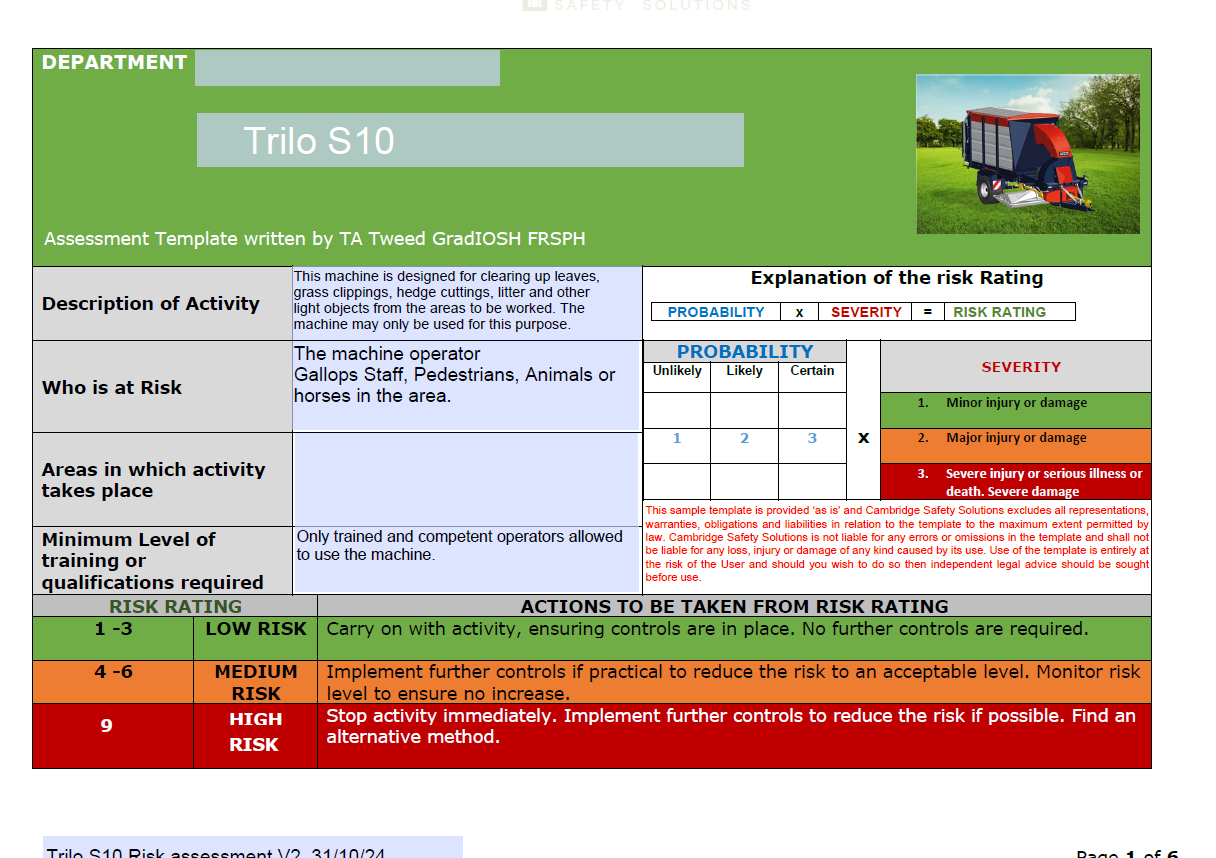 Tractor Pulled Leaf clearer. Trilo S10 Risk Assessment