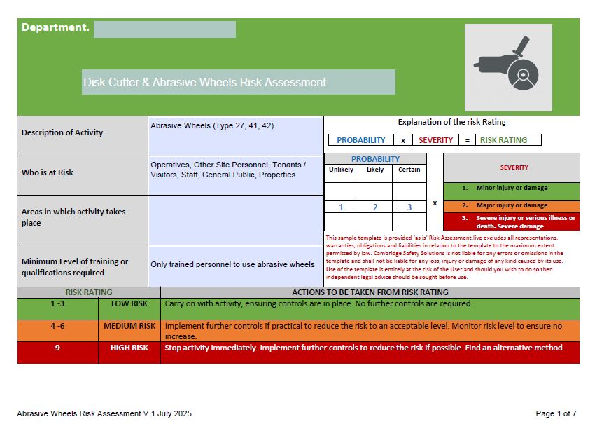 Disk Cutter and Abrasive wheels risk assessment.