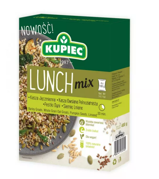 KUPIEC LUNCH MIX KASZA JECZMIENNA, KASZA OWSIANA, PESTKI DYNI, SIEMIE LNIANE 4*100G