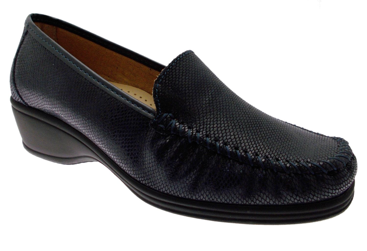 LOREN K3979 scarpa donna mocassino morbidone  stampato blu zeppa