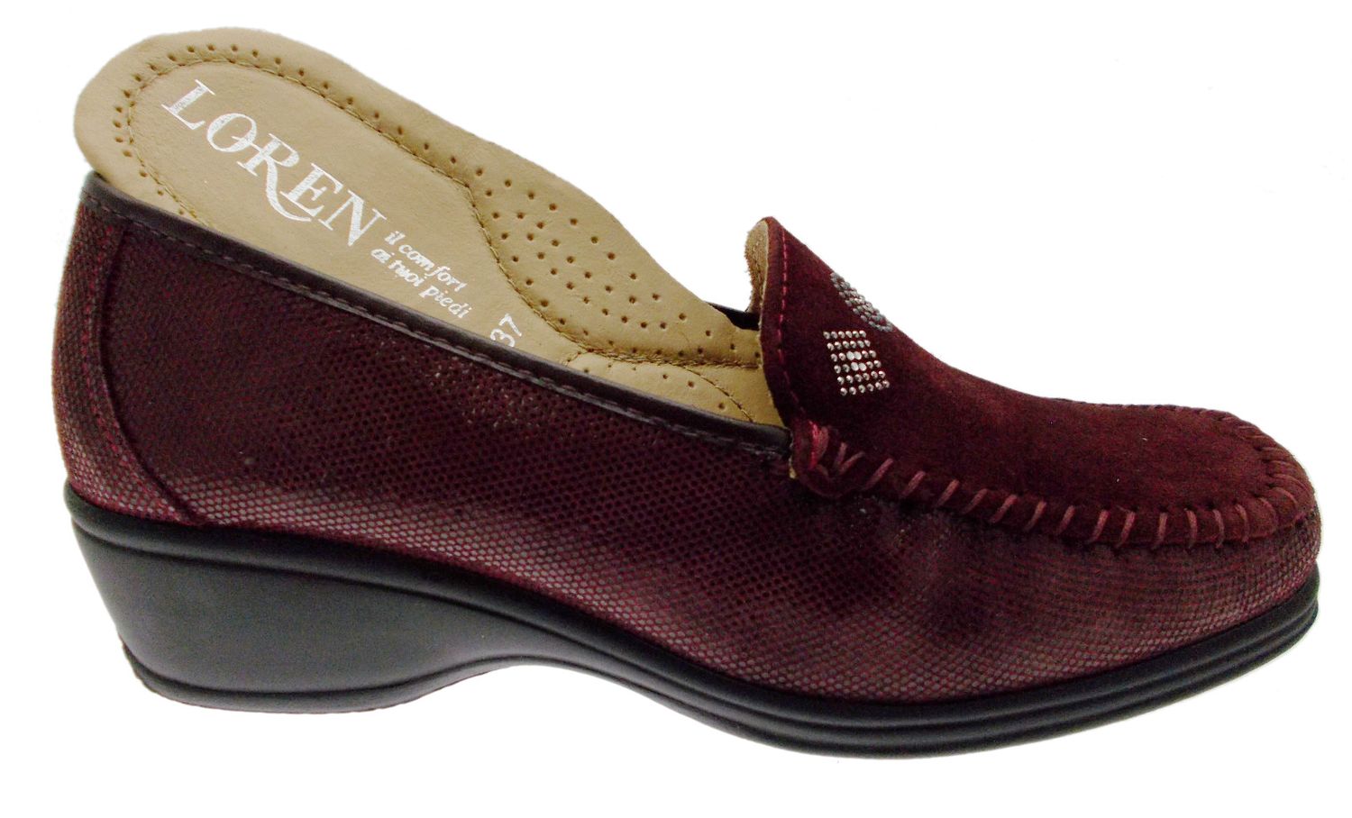 LOREN K3992 mocassino morbidone  stampato bordeaux plantare zeppa