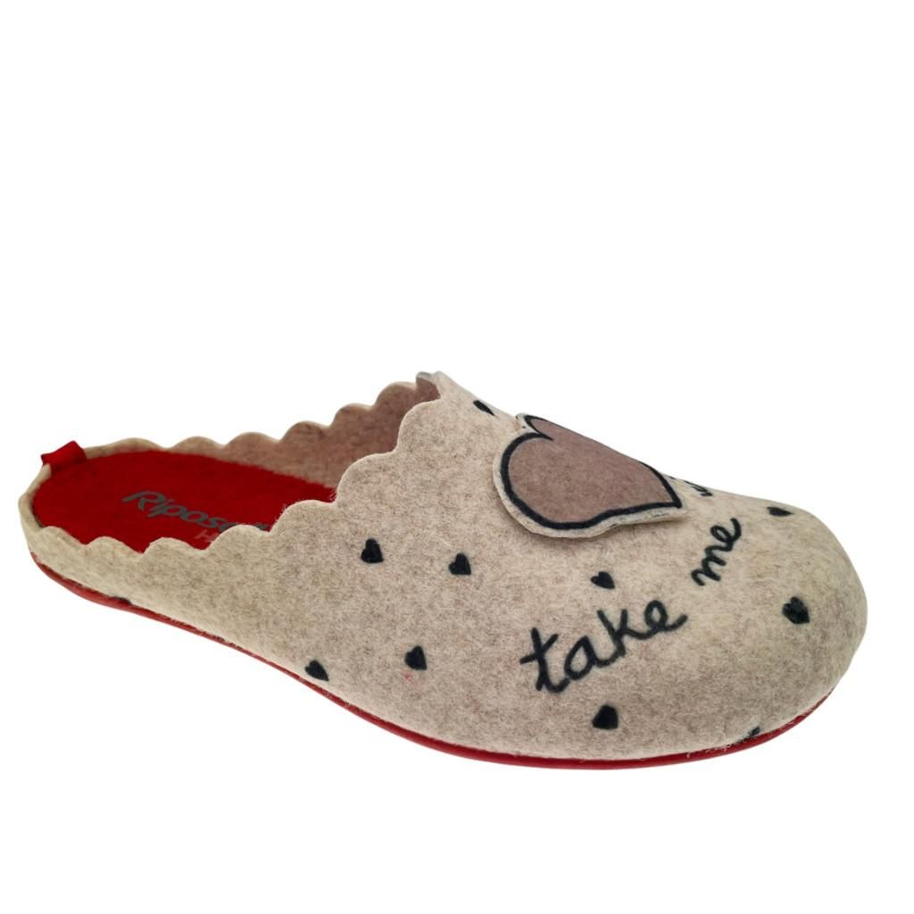 Riposella 4496 ciabatta panno lana cotta beige con cane cuore  plantare estraibile