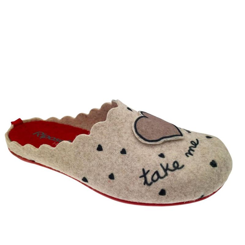 Riposella 4496 ciabatta panno lana cotta beige con cane cuore  plantare estraibile