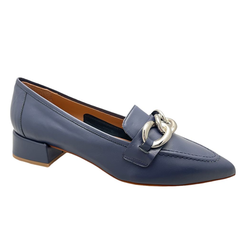 MELLUSO V207 mocassino scarpa donna accollata blu con maxi catena super chic