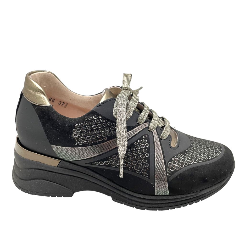 LOREN A1091 scarpa donna sneaker lacci  nero disegno dorato zeppa alta soletta estraibile