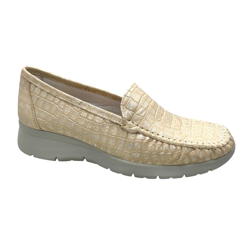 CALZATURIFICIO LOREN K4035 mocassino morbidone scarpa donna beige oro con zeppa stampata cocco
