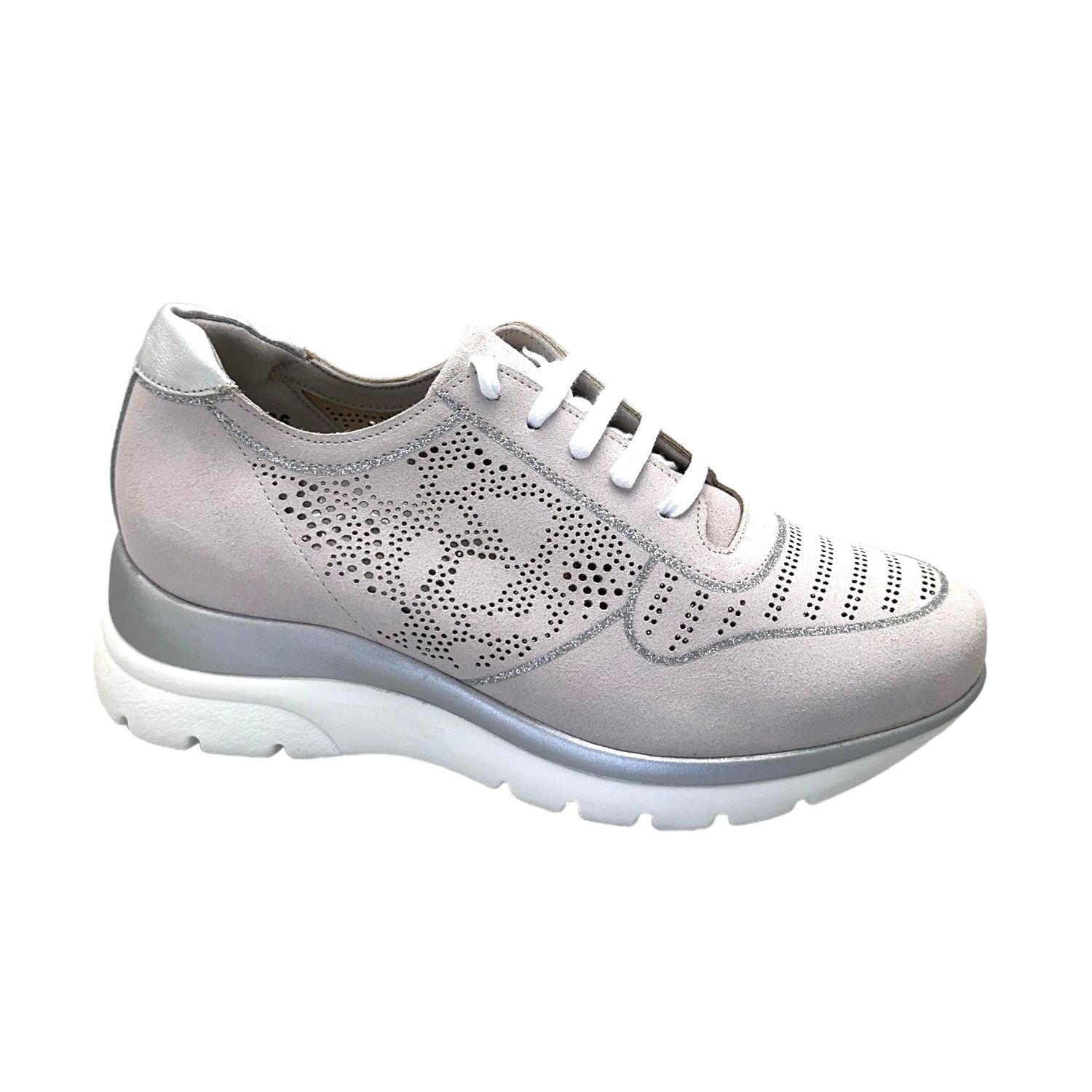 LOREN A1146 scarpa per donna sneaker lacci bianco ghiaccio con piccoli strass ortopedica senza cuciture calzata 10 soletta estraibile