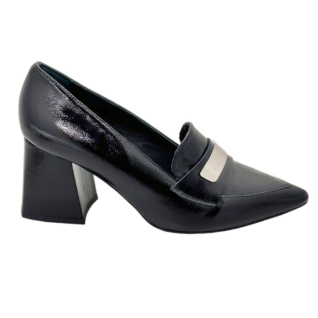 SHOES4ME 2117 scarpa per donna mocassino con tacco a blocchetto vernice nera 34 35 36 37 38 39 40