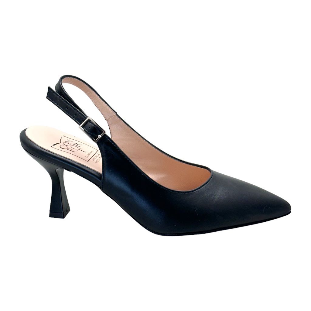 CONFORT C4E6444 sling back sandalo decolte pelle nero tacco a clessidra regolabile classico