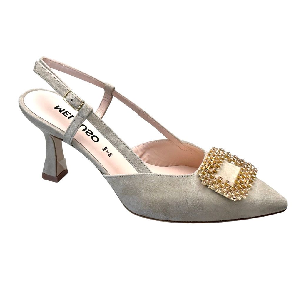 MELLUSO Elegance E1671  classico decoltè sling back scamosciato ecrù sabbia con grande fibbia tacco a clessidra 33 34 35 36 37 38 39 40 41