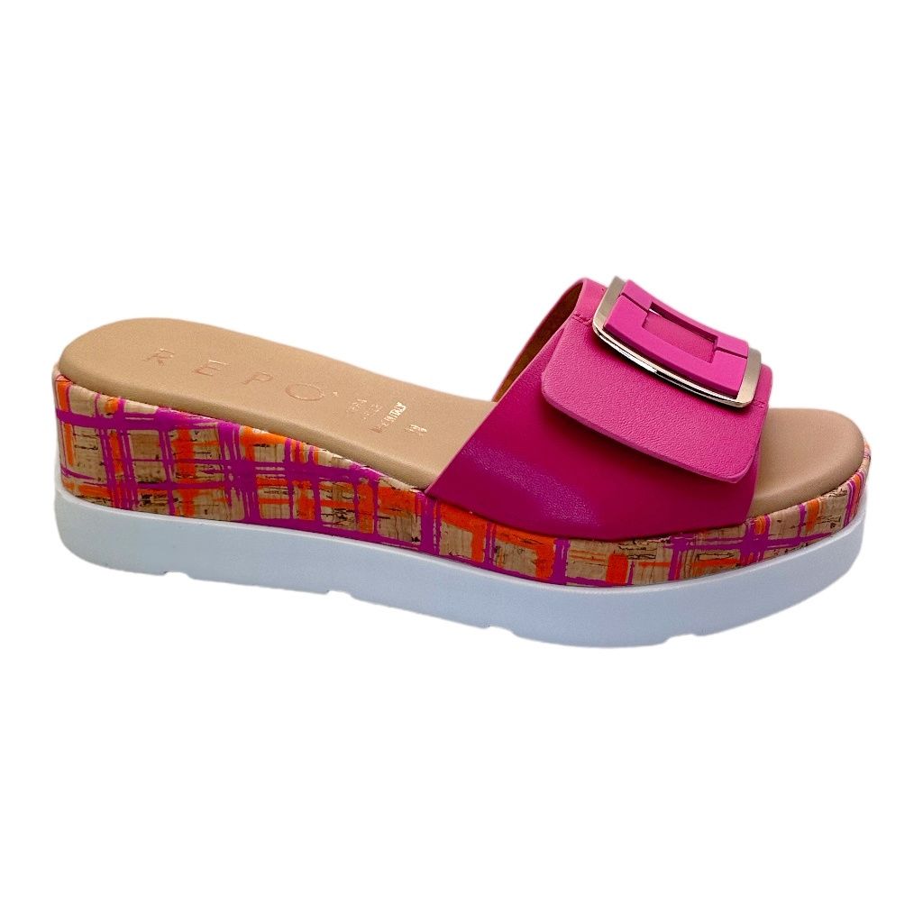 REPO 50104  zoccolo di tendenza  con zeppa in vero sughero fuxia grande fibbia gioiello PLATFORM