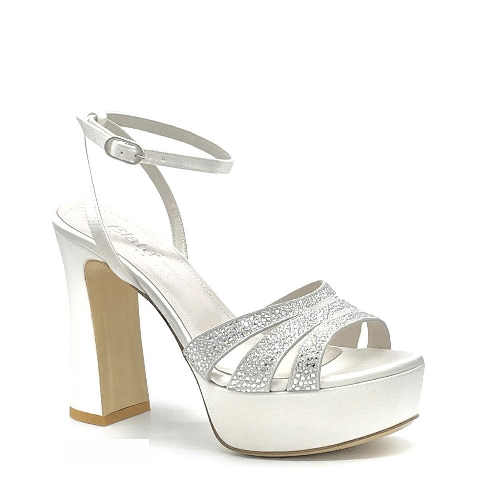 ELATA SPOSA S2303 sandalo per donna da sposa o cerimonia con laccetto bianca brillantinata con plateau tacco blocchetto cristalli strass