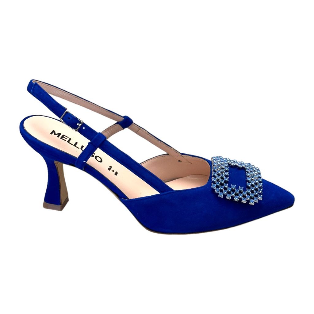 MELLUSO Elegance E1671  classico decoltè sling back scamosciato royal blue bluette con grande fibbia tacco a clessidra 33 34 35 36 37 38 39 40 41