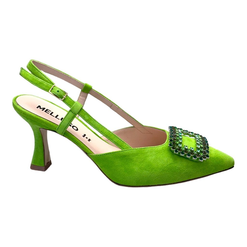 MELLUSO Elegance E1671  classico decoltè sling back scamosciato verde lizard con grande fibbia tacco a clessidra 33 34 35 36 37 38 39 40 41
