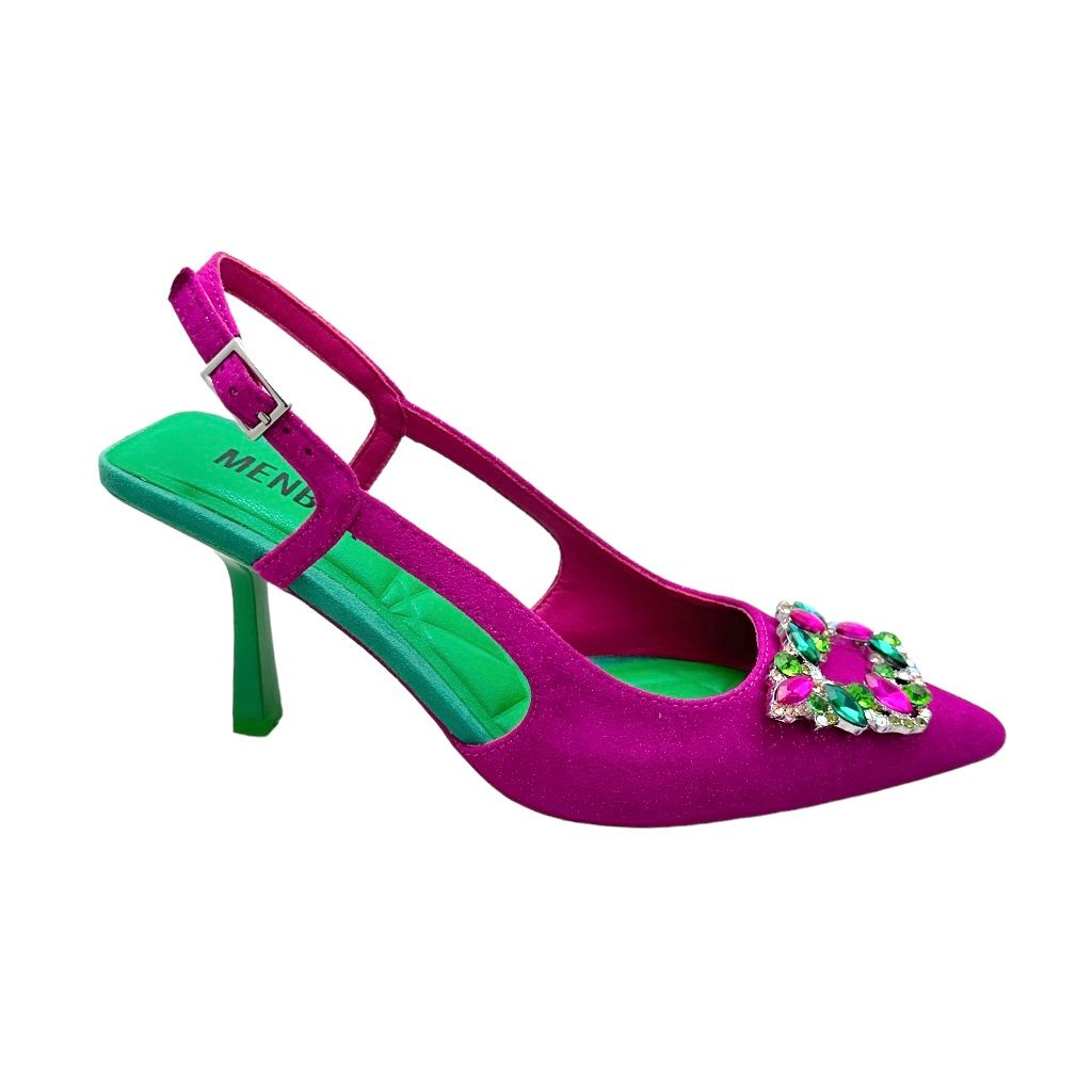 MENBUR 25258 decoltè sling back sandalo per donna tacco a clessidra bicolore fuxia verde medaglia tacco