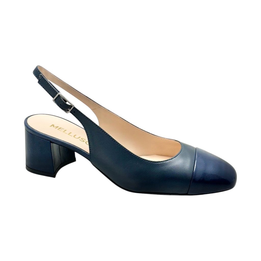 MELLUSO E1301 decoltè sandalo sling back classica forma comoda in pelle blu con punta in vernice dal numero 33 al 44