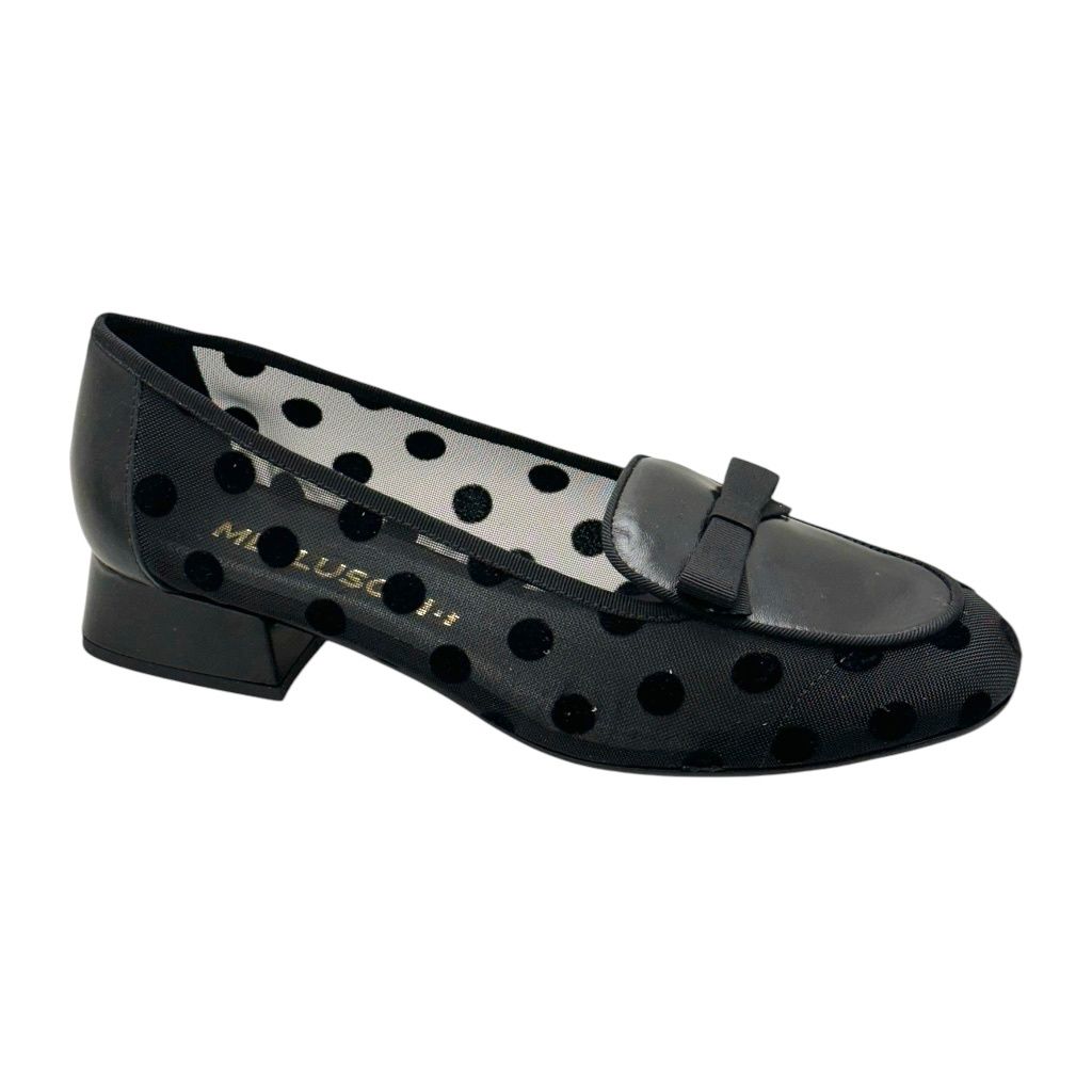 MELLUSO V107  MOCASSINO accollato per donna nero in vernice e rete piccoli pois tacco a blocchetto dal numero 33 al 44