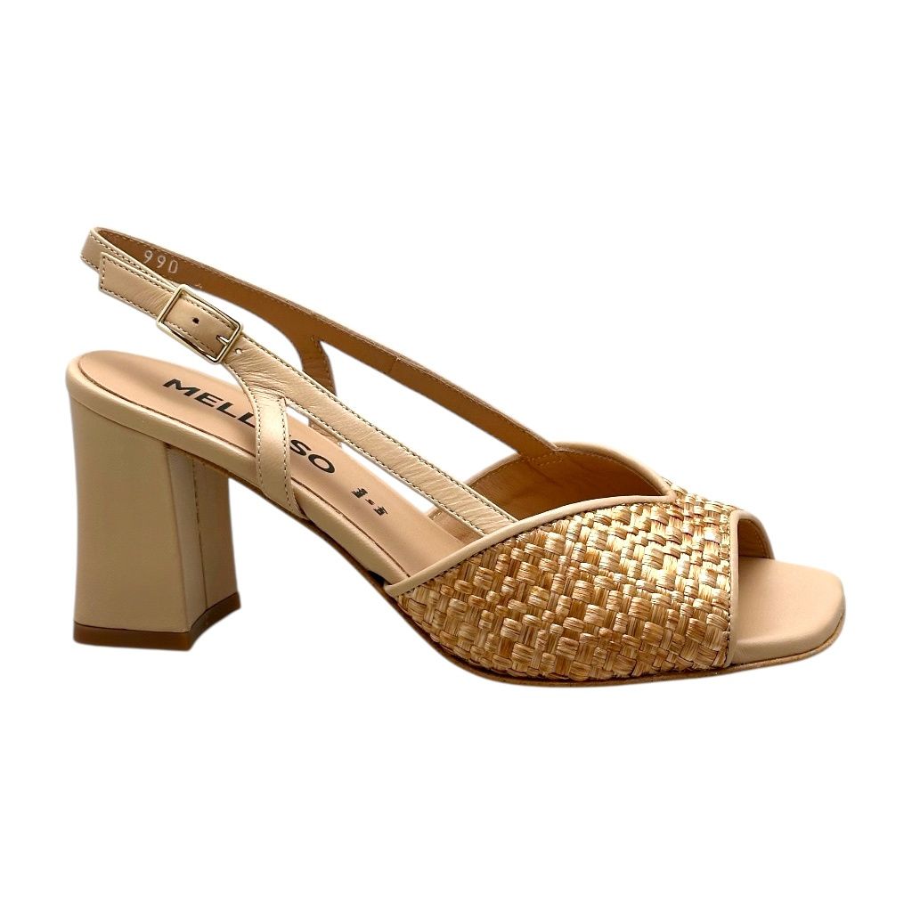 MELLUSO S442 sandalo per donna  pelle nude e rafia fondotinta tacco a blocchetto 33 34 35 36 37 3 39 40 41 42 43