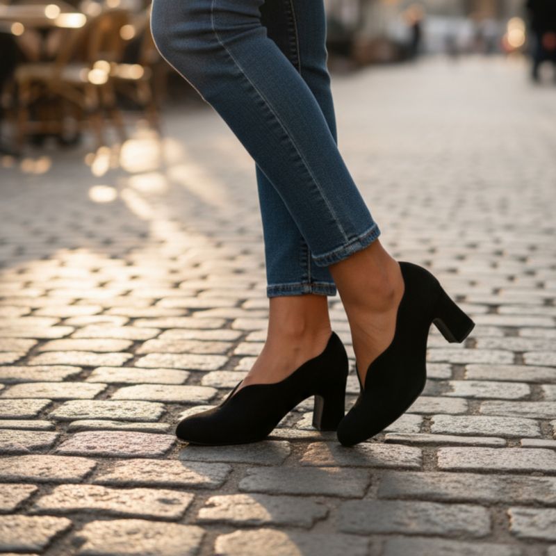 MELLUSO X5222 scarpa per donna decoltè con scollo a petalo scamosciato  nero stile retrò