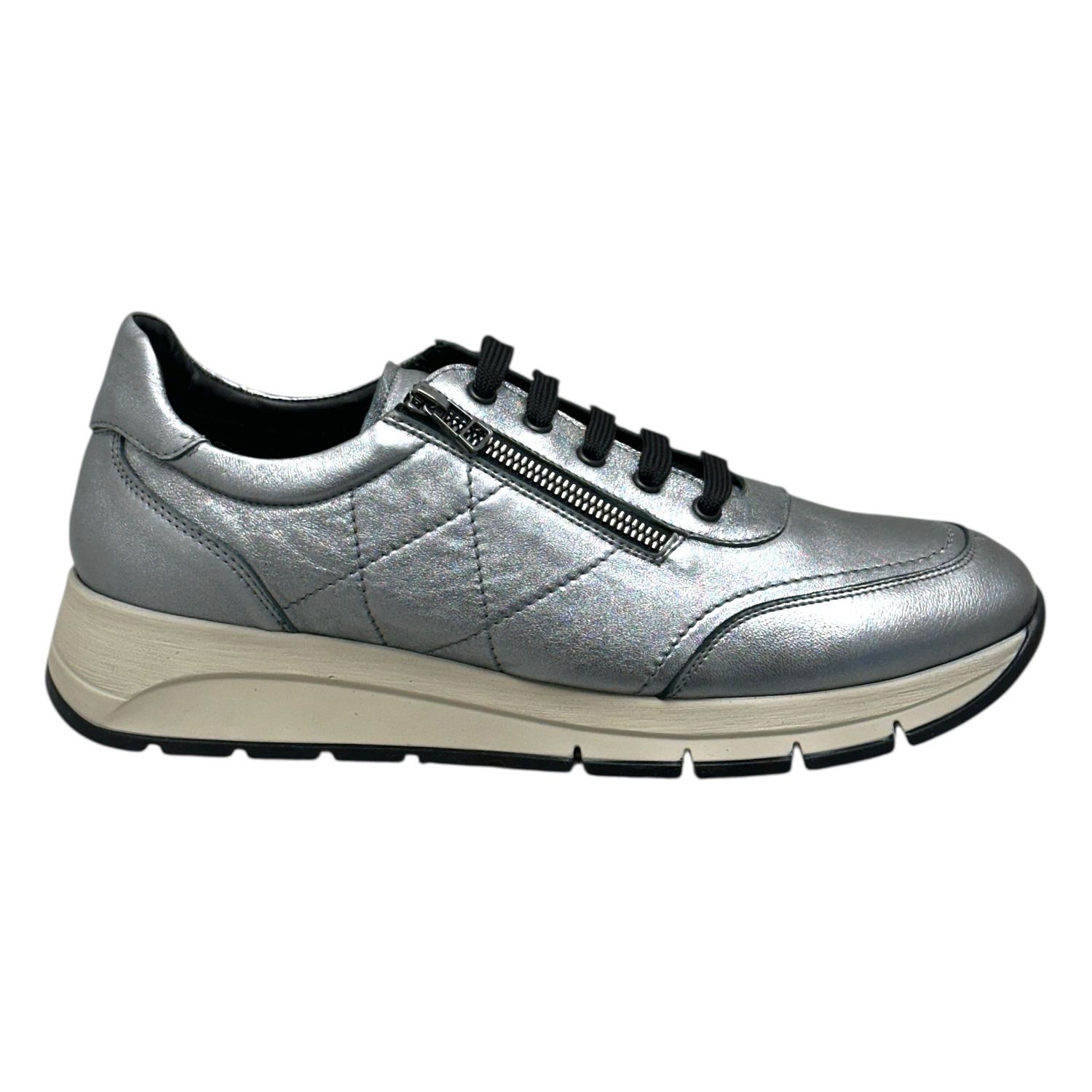 MELLUSO R25094 sneaker allacciato con cerniera scarpa per donna  morbida pelle metallizzata grigio acciaio 42 43 44
