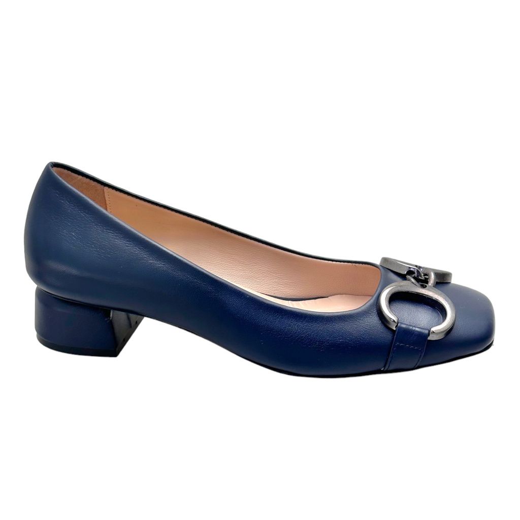 MELLUSO K59000 decoltè scarpa donna  pelle blu con morsetto e tacco blocchetto punta tonda