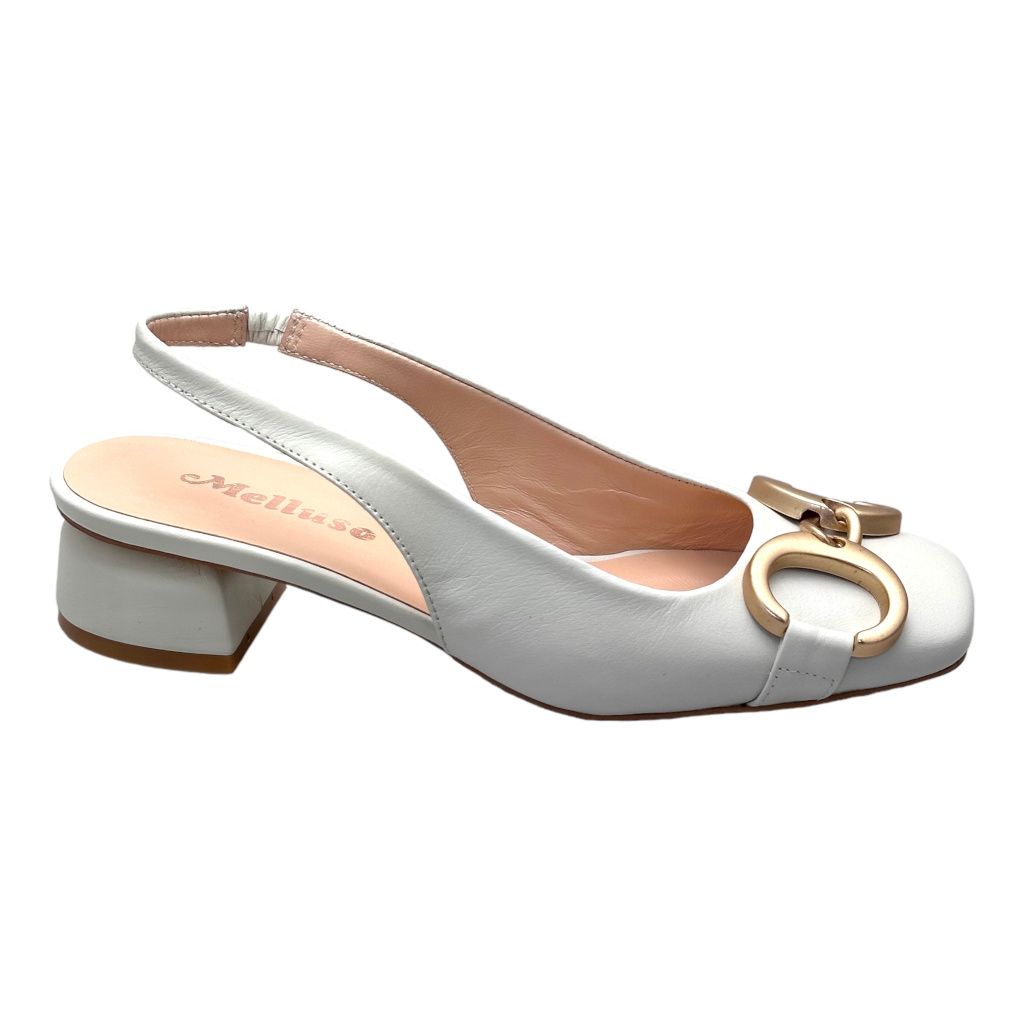 MELLUSO K59002 decoltè scarpa donna  pelle bianco con morsetto e tacco blocchetto slingback sandalo