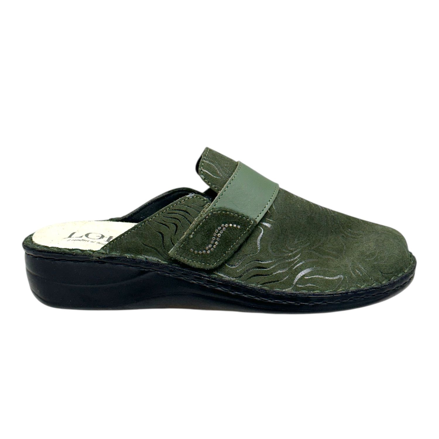 LOREN M3166  ciabatta  extra large  soletta estraibile regolabile a strappo scamosciata stampata verde foresta