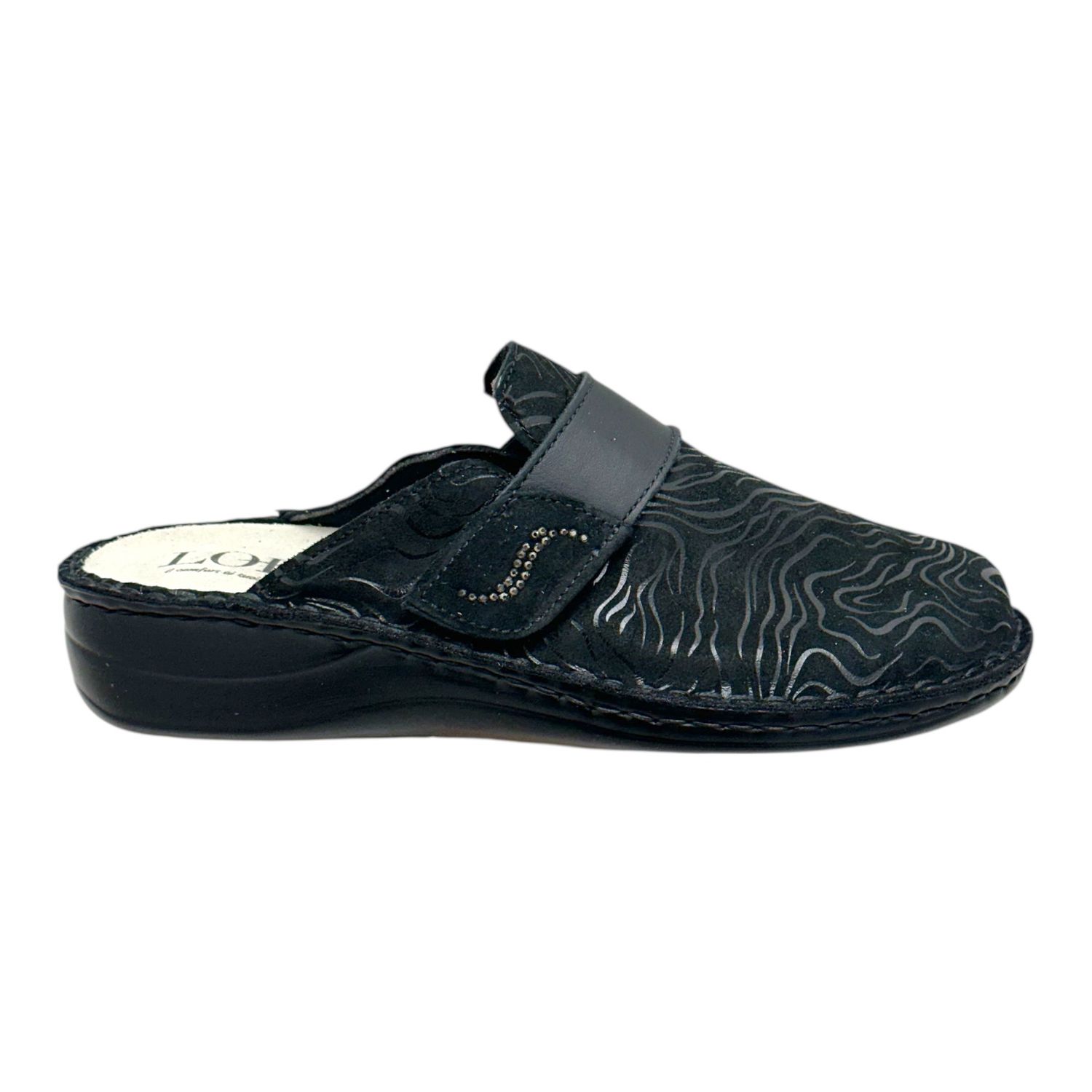 LOREN M3166  ciabatta  extra large  soletta estraibile regolabile a strappo scamosciata stampata nero