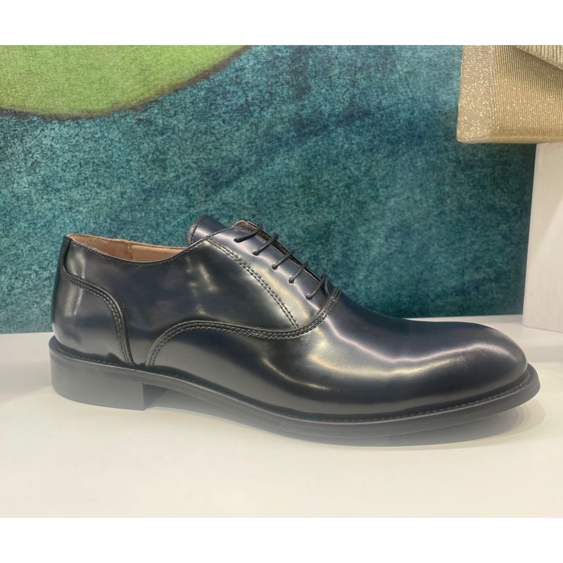 SHOES4ME scarpa per uomo classica allacciata forma large sposo elegance  in pelle blu fondo cuoio DERBY