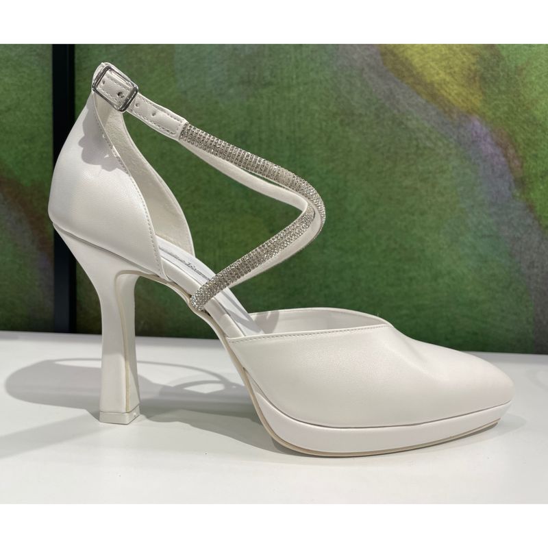 MARIA FRANCESCA RUSSO mary jane bianca  laccetti incrociai di cristalli  tacco a roccheto e plateau