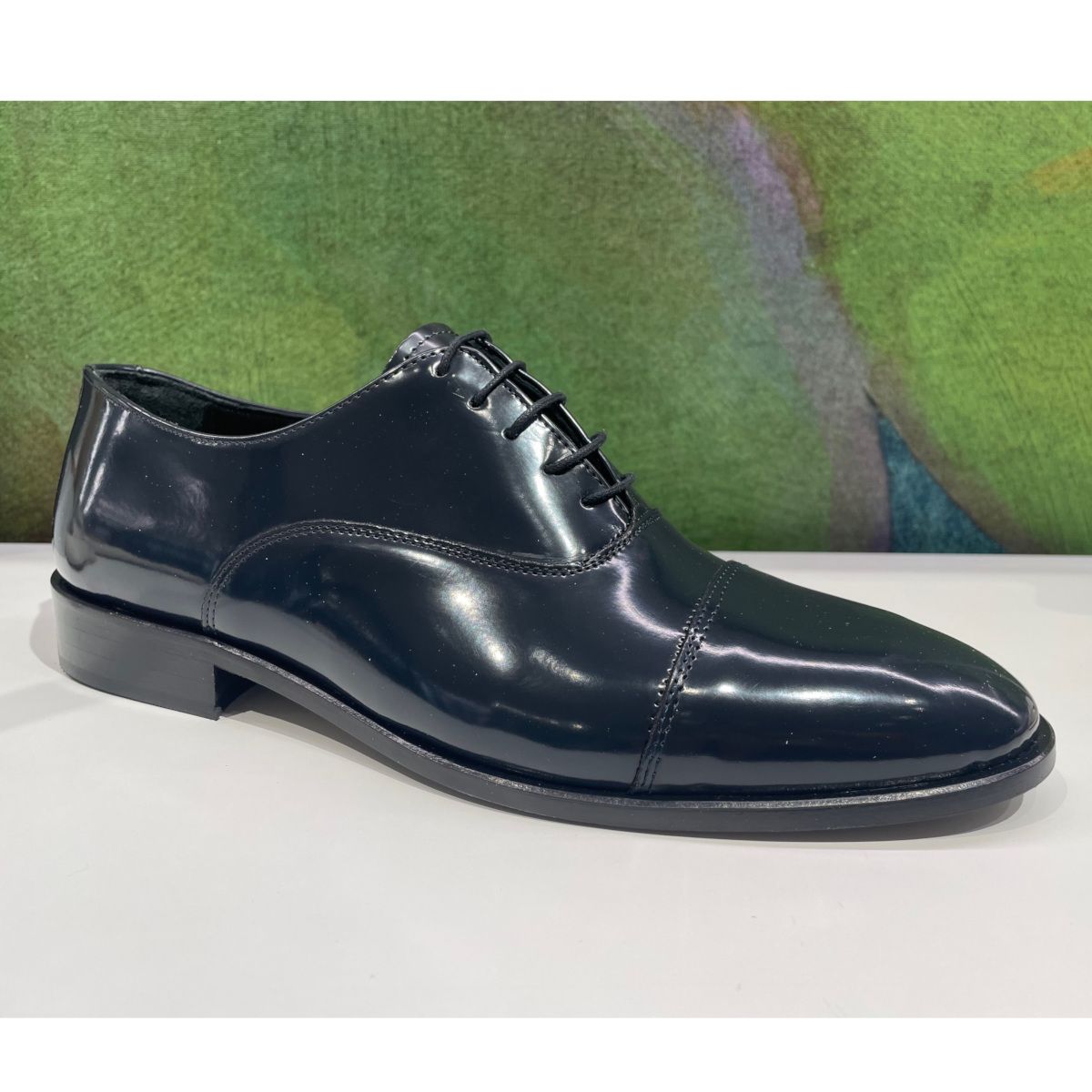 RUSSO 9401 scarpa per uomo classica allacciata forma large sposo elegance  in pelle blu spazzolata fondo cuoio linea derby con puntale