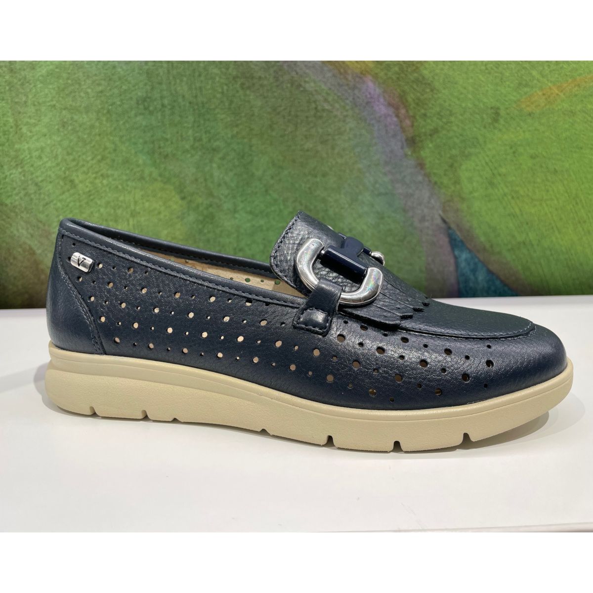VALLEVERDE  mocassino per donna scarpa in morbida pelle blu con morsetto e trafori