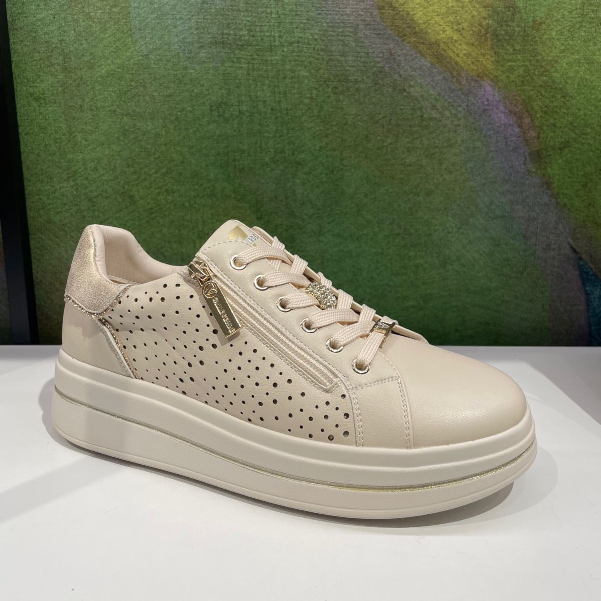 VALLEVERDE 35493  sneaker beige   con platform doppia chiusura lacci e cerniera lampo charming trafori