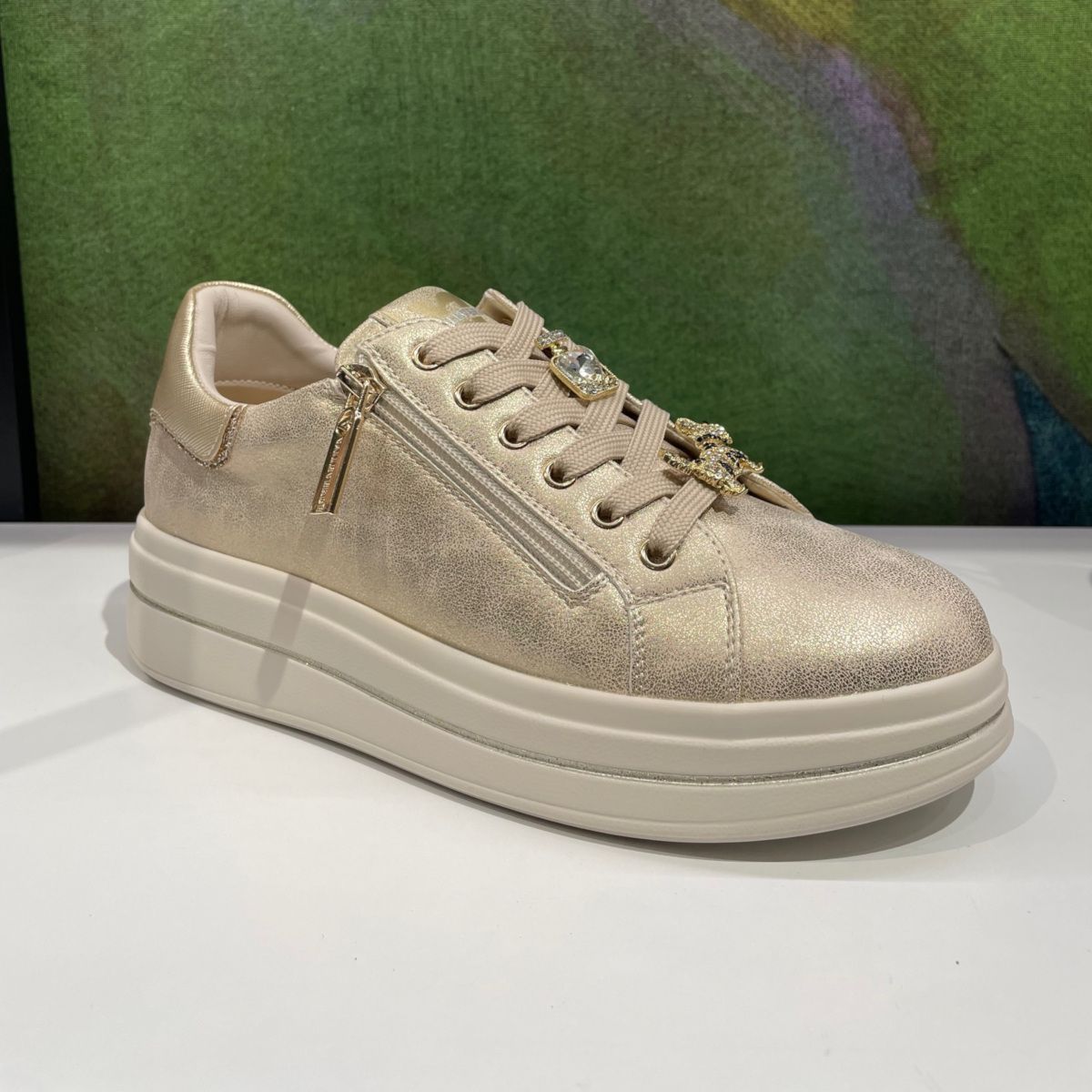 VALLEVERDE 35492  sneaker oro  con platform doppia chiusura lacci e cerniera lampo charming
