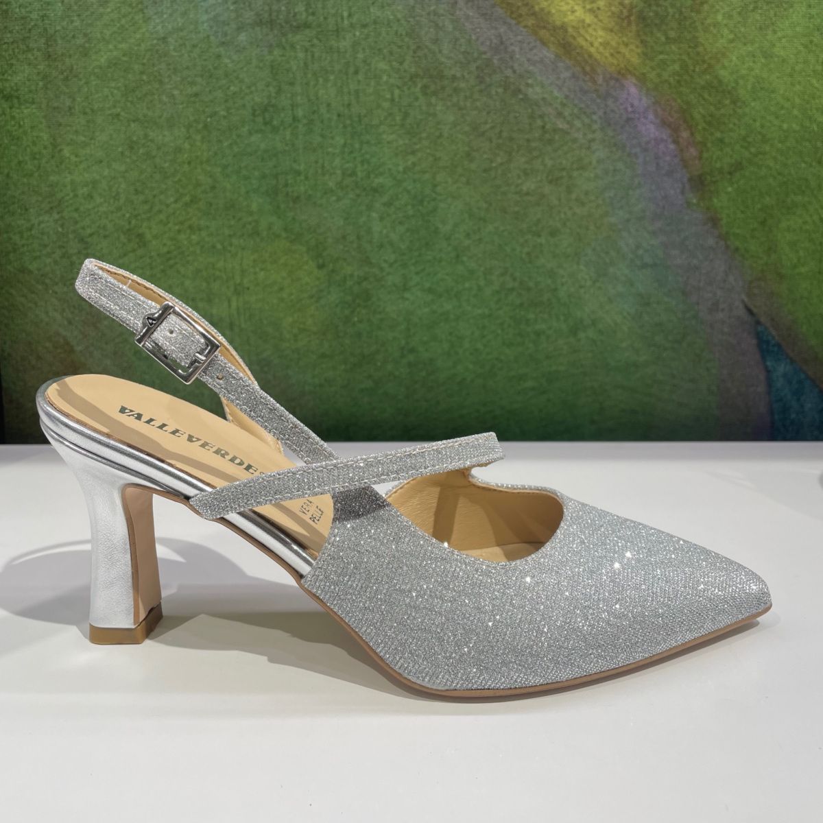 VALLEVERDE 28420 scarpa sandalo per donna slingback da cerimonia e ballo con  laccetto in tessuto  argento brillantinato