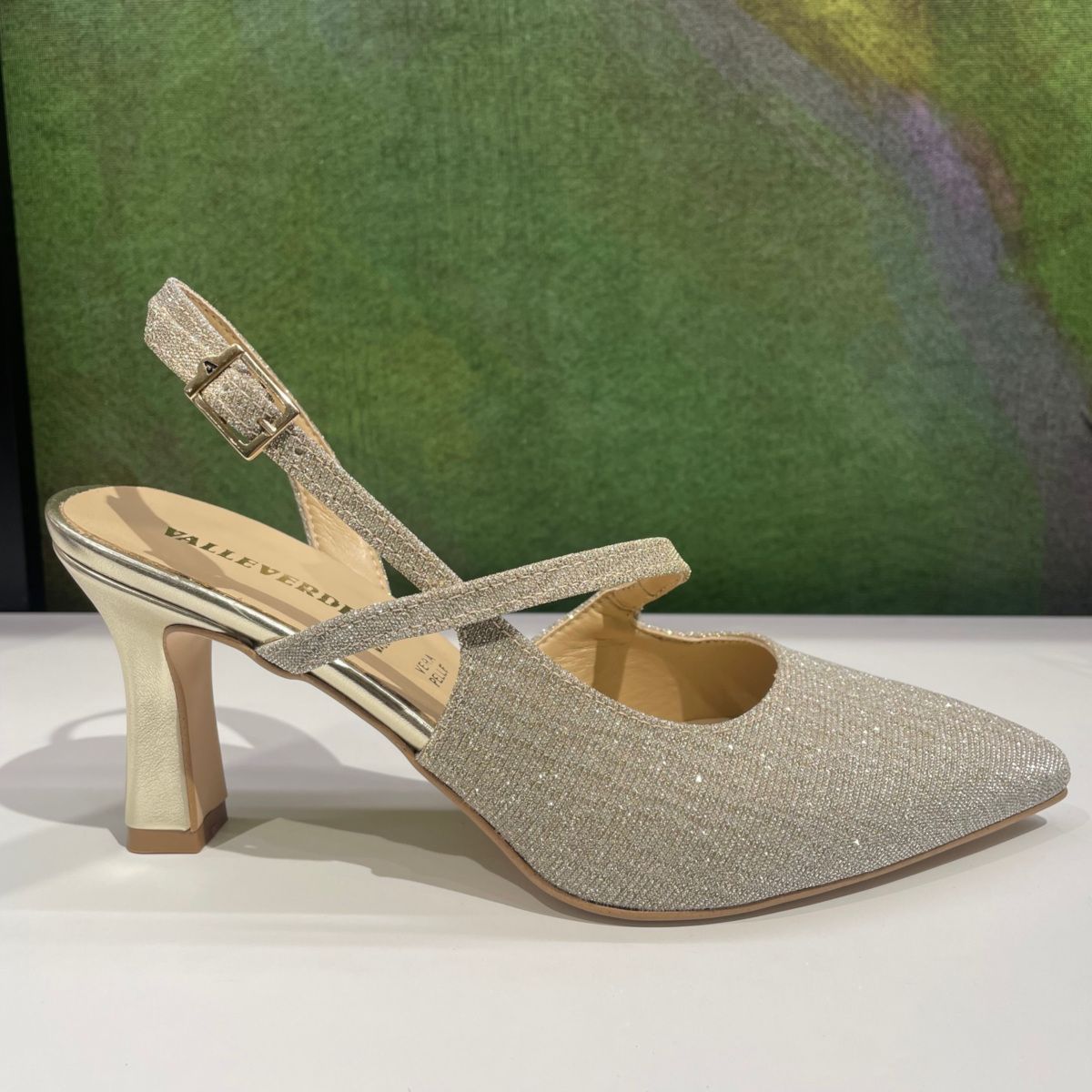 VALLEVERDE 28420 scarpa sandalo per donna slingback da cerimonia e ballo con  laccetto in tessuto  platino oro  brillantinato