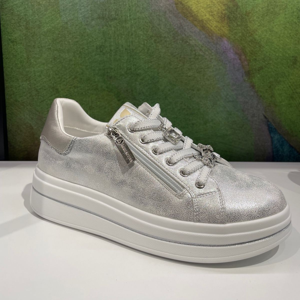 VALLEVERDE 35492  sneaker argento  con platform doppia chiusura lacci e cerniera lampo charming