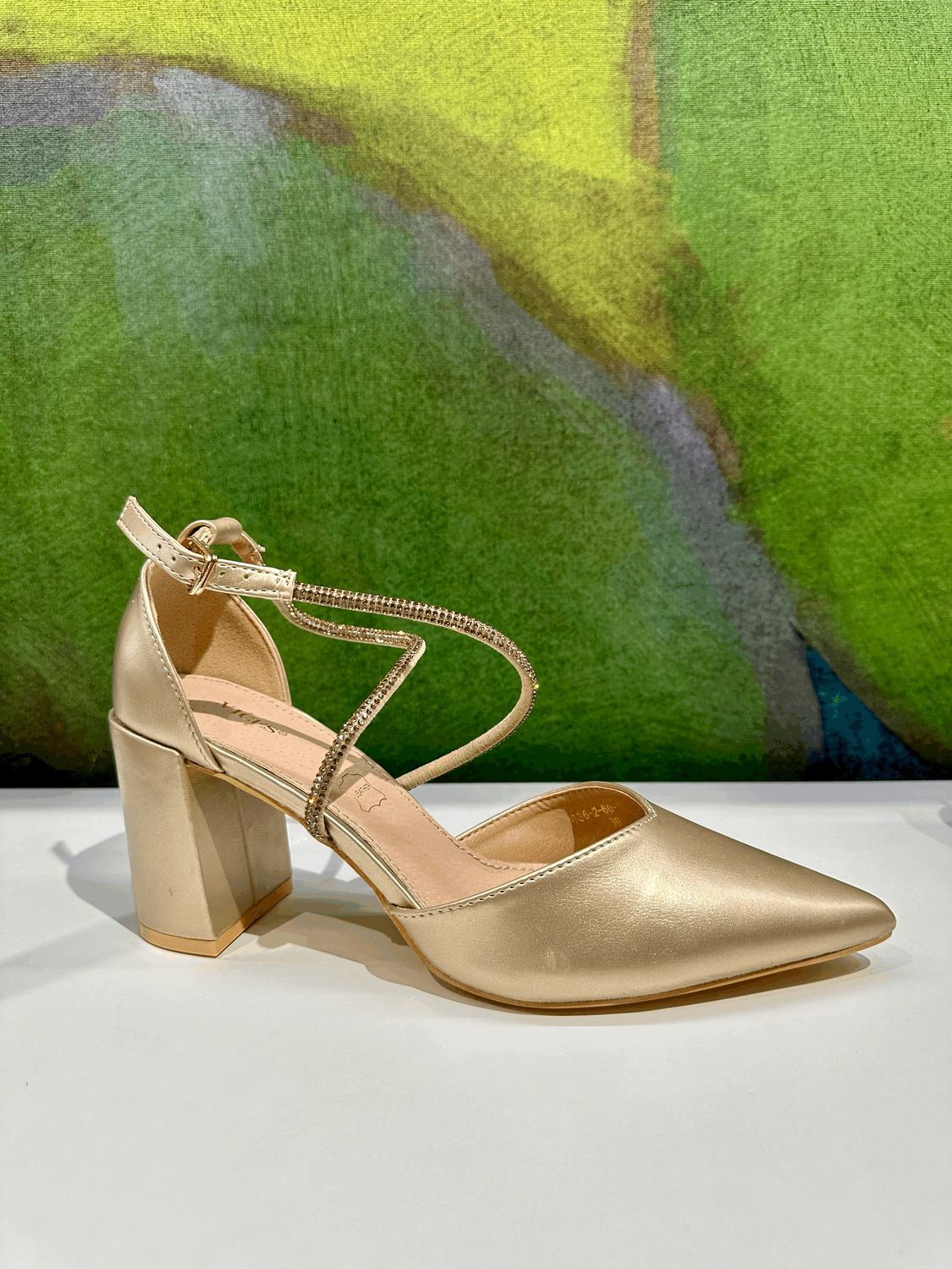 Mary Jane in ecopelle gold oro ramato cristalli  tacco a blocchetto soletta memory