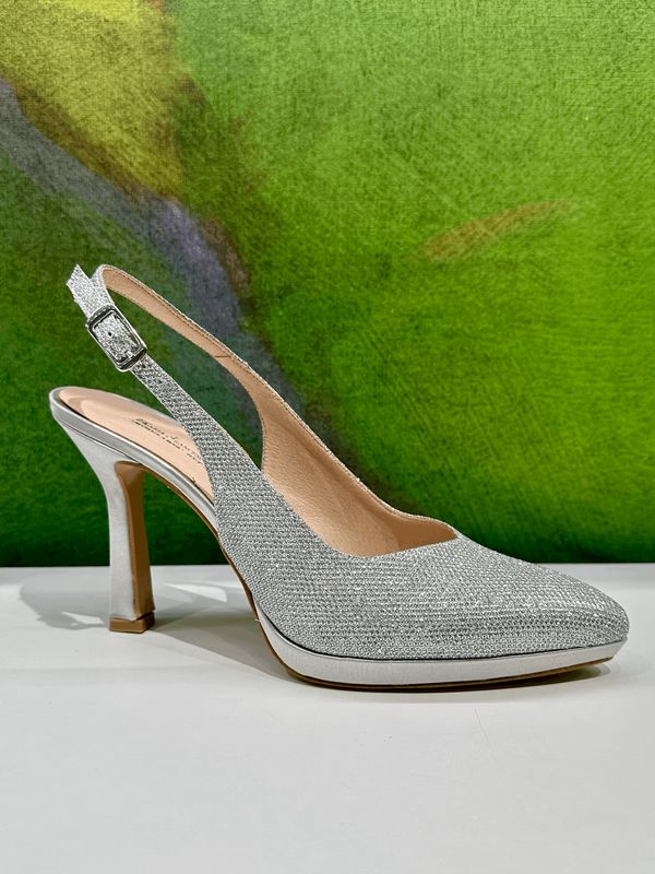 MARIA FRANCESCA RUSSO 65 sling back in tessuto argento brillante  tacco a roccheto e plateau  scollo a cuore