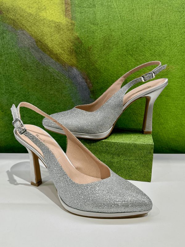MARIA FRANCESCA RUSSO 65 sling back in tessuto argento brillante  tacco a roccheto e plateau  scollo a cuore