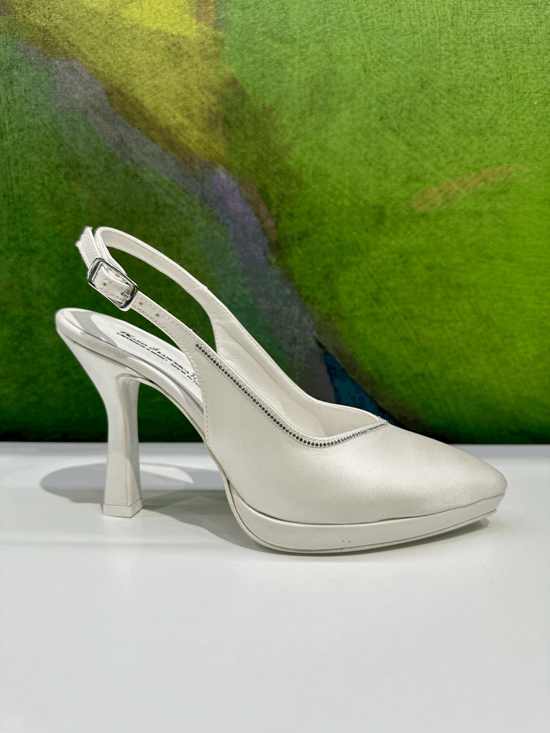 MARIA FRANCESCA RUSSO 65 sling back in raso bianco con cristalli tacco a roccheto e plateau  scollo a cuore