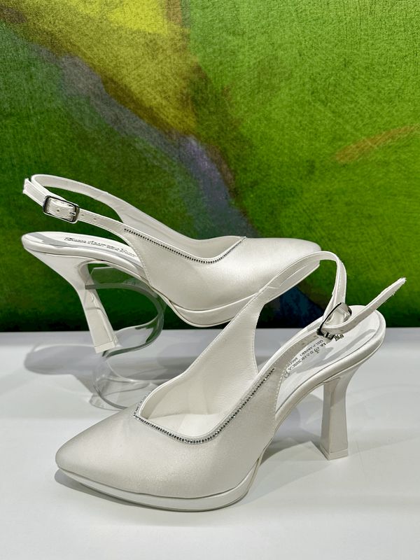 MARIA FRANCESCA RUSSO 65 sling back in raso bianco con cristalli tacco a roccheto e plateau  scollo a cuore