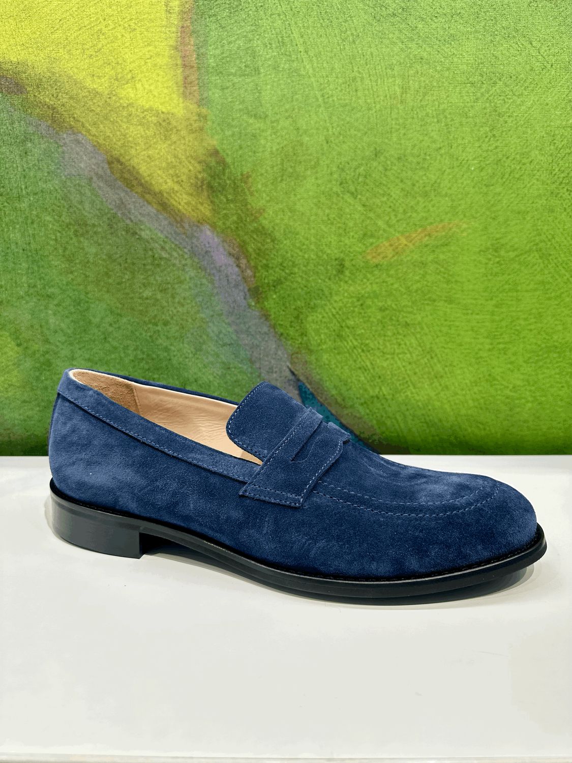 SHOES4ME mocassino  per uomo il classico rivisitato forma large linea elegance  in pelle  scamosciata blu ondo cuoio