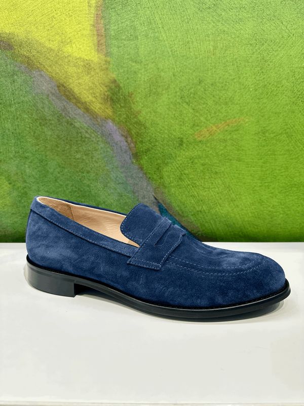 SHOES4ME mocassino  per uomo il classico rivisitato forma large linea elegance  in pelle  scamosciata blu ondo cuoio