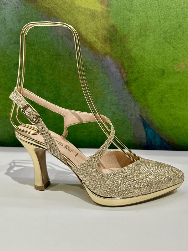 MARIA FRANCESCA RUSSO  900  sling back con laccetto colore platino Brillantinato tacco a roccheto di 8 cm e plateau