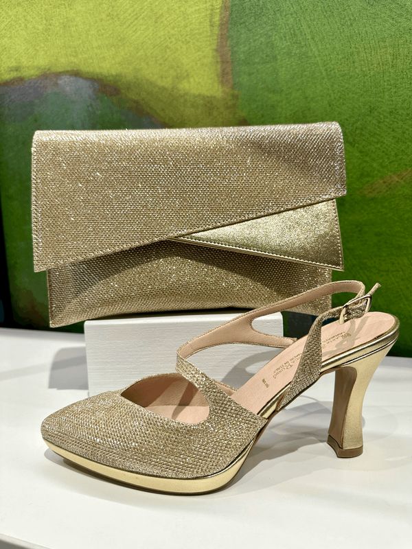 MARIA FRANCESCA RUSSO  900  sling back con laccetto colore platino Brillantinato tacco a roccheto di 8 cm e plateau