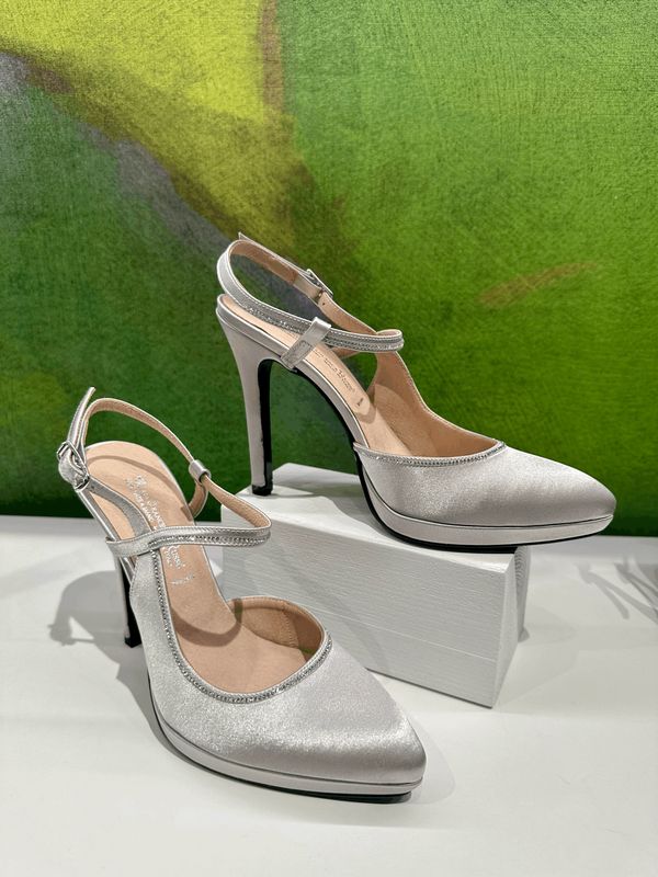 MARIA FRANCESCA RUSSO 2487 sling back con laccetto color argento grigio in raso tacco 12 cm e plateau