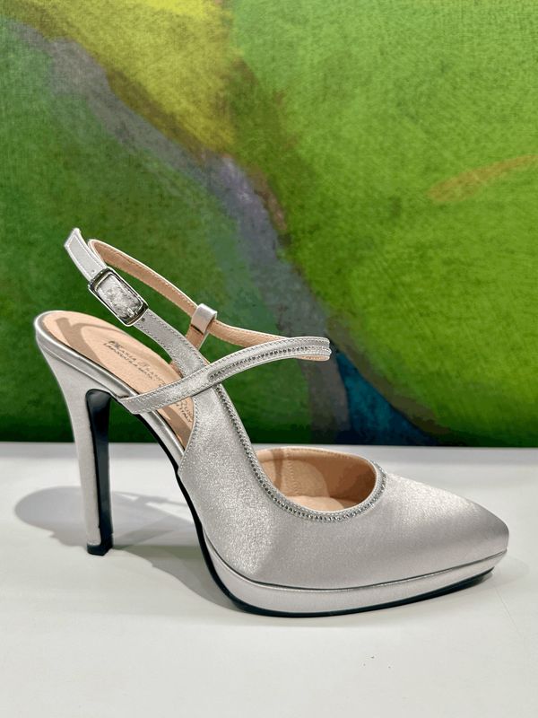 MARIA FRANCESCA RUSSO 2487 sling back con laccetto color argento grigio in raso tacco 12 cm e plateau