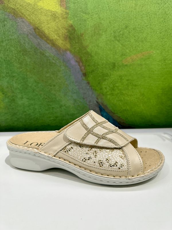 LOREN M3142  ciabatta per donna aperta beige oro elisticizzata soletta estraibile regolabile scalzato